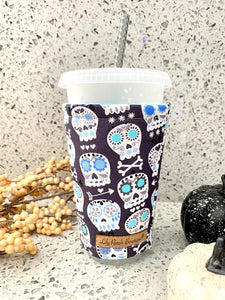 Blue Grey Sugar Skulls Coffee Cozy // Cup Cozy