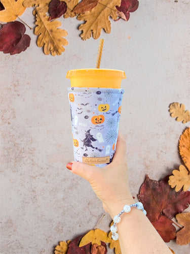 Ghosts, Witches, and Pumpkins on Grey  Fall/ Halloween Cup Cozy / Coffee Cozy