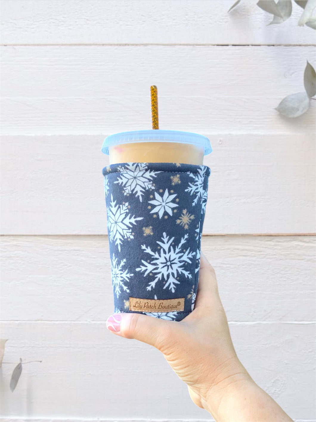 Gold and White Snowflakes on GrayCoffee Cozy