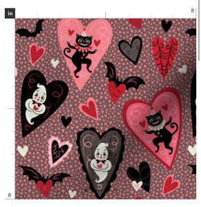 Spooky Valentine Hearts, Ghosts, Black Cats and Bats on Grey Coffee Cozy