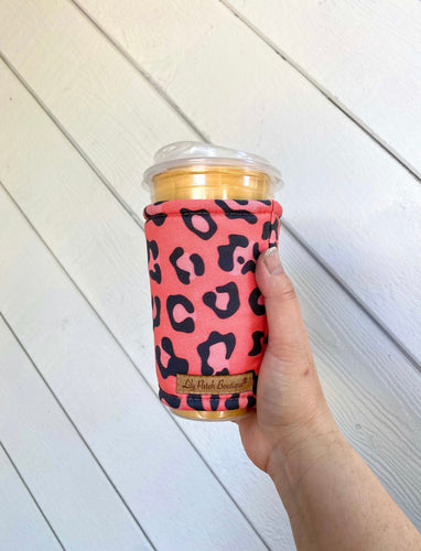 Coral and Black Leopard  Coffee Cozy // Cup Cozy