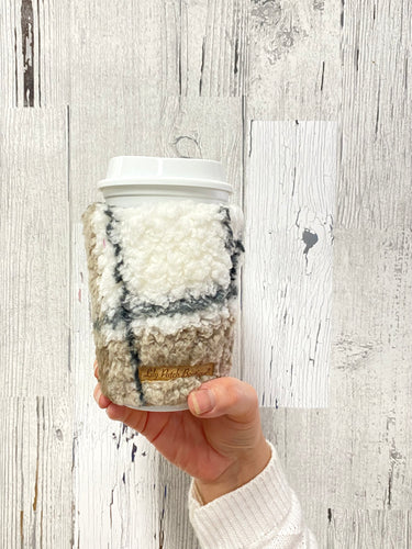 Beige, White, Black Sherpa Plush Coffee Cozy