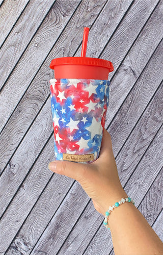 White Stars on Blue and Red, Patriotic Stars Cup Cozy / Coffee Cozy