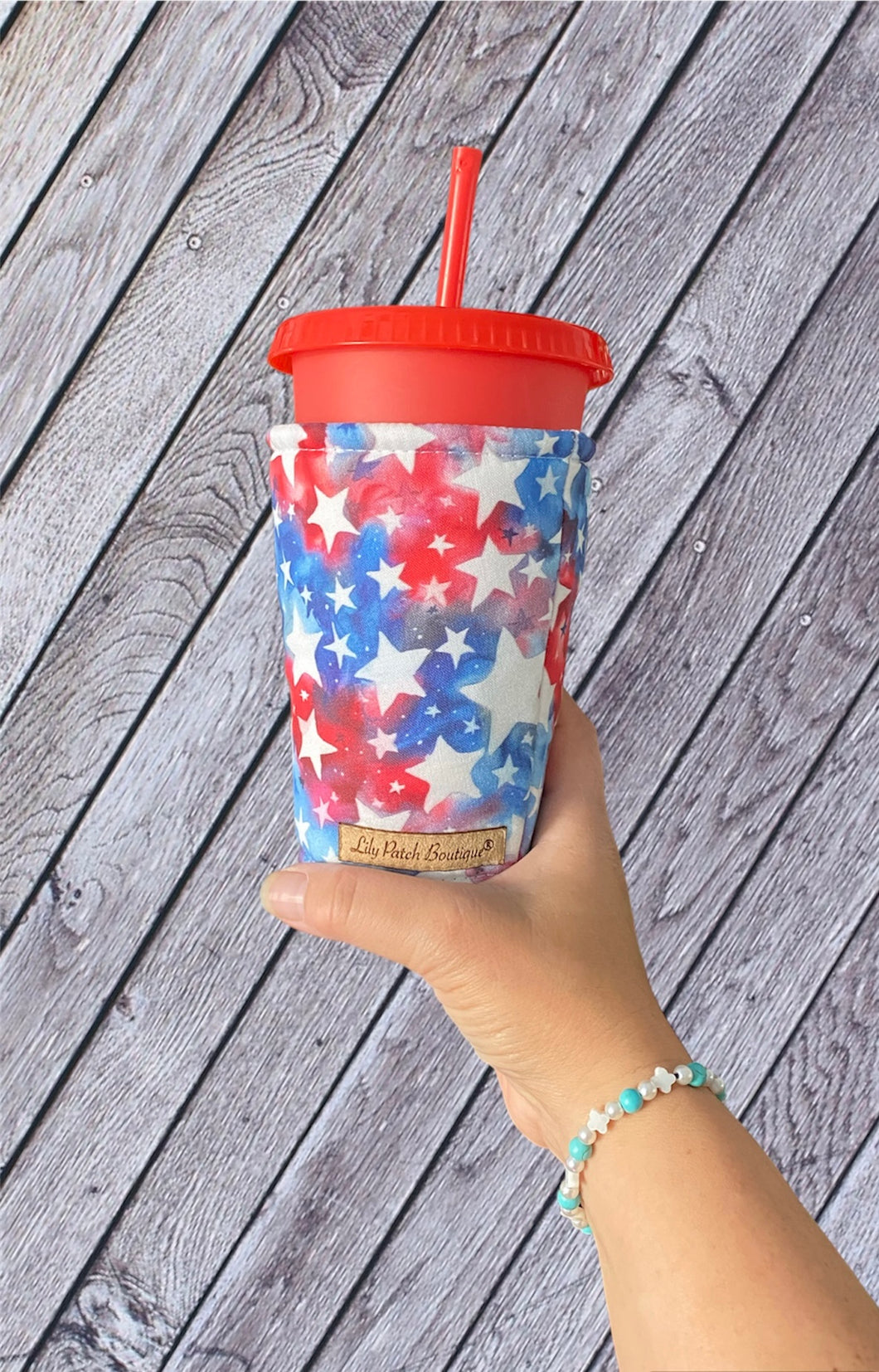 White Stars on Blue and Red, Patriotic Stars Cup Cozy / Coffee Cozy