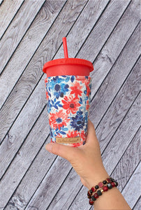 Blue and Red Florals on White Cup Cozy / Coffee Cozy