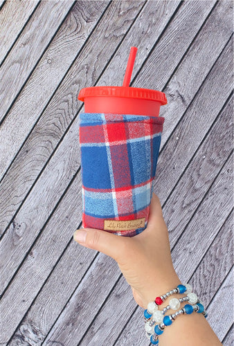 Red White and Blue Flannel Plaid Cup Cozy / Coffee Cozy