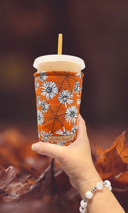 Fall White Daisies and Spiderwebs on Burnt Orange Cup Cozy / Coffee Cozy