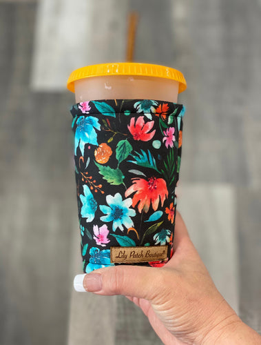 Watercolor Florals on Black Coffee Cozy