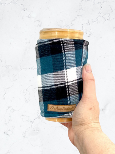 Teal/Black/White Flannel Plaid Coffee Cozy